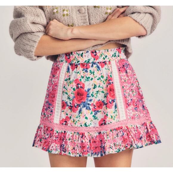 LoveShackFancy Dresses & Skirts - LoveShackFancy Baydar Rush of Red XS Pink Floral Ruffle Lace Mini Skirt Like New